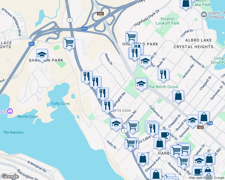 map of restaurants, bars, coffee shops, grocery stores, and more near Parkstone Road in Dartmouth