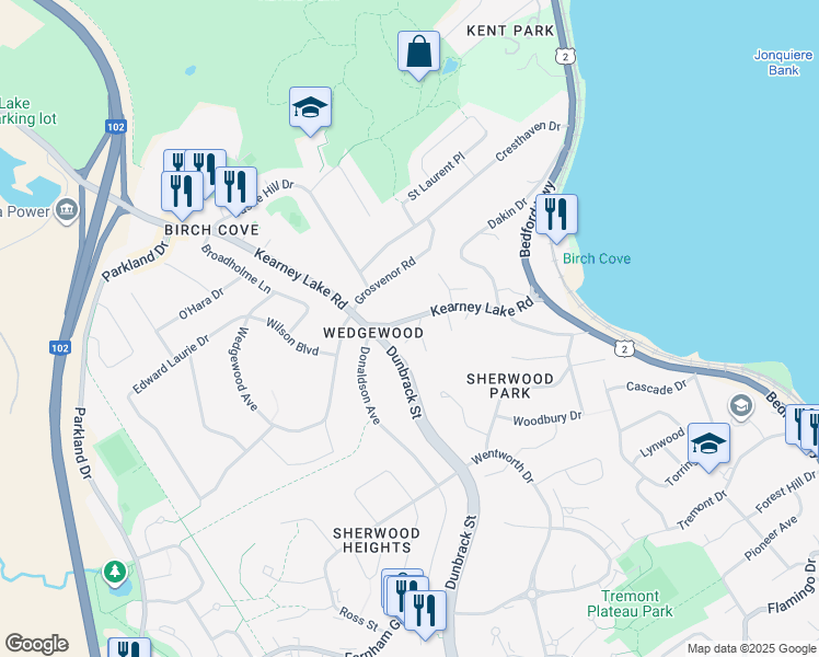 map of restaurants, bars, coffee shops, grocery stores, and more near 46 Kearney Lake Road in Halifax
