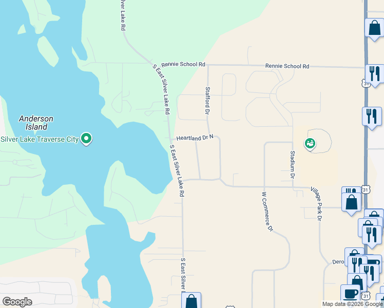 map of restaurants, bars, coffee shops, grocery stores, and more near Heartland Drive North in Traverse City