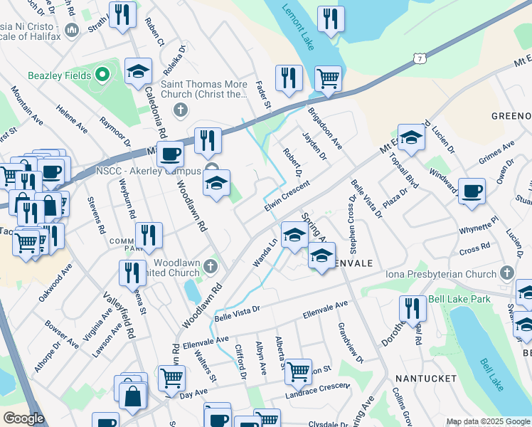 map of restaurants, bars, coffee shops, grocery stores, and more near 12 Elwin Crescent in Dartmouth