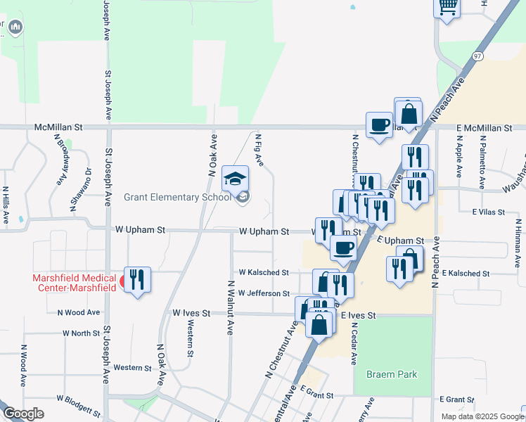 map of restaurants, bars, coffee shops, grocery stores, and more near 1600 North Fig Avenue in Marshfield
