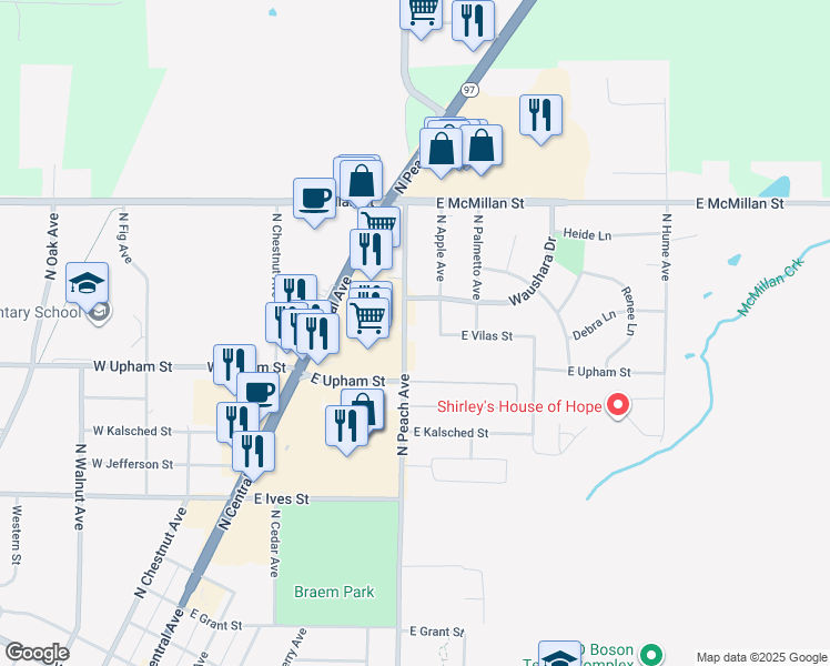 map of restaurants, bars, coffee shops, grocery stores, and more near 1524 North Apple Avenue in Marshfield