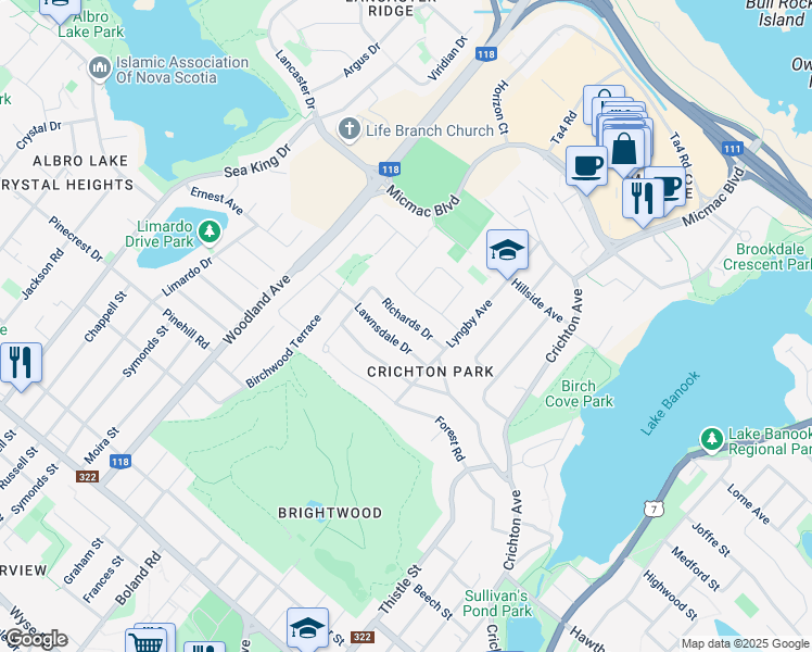 map of restaurants, bars, coffee shops, grocery stores, and more near 17 Richards Drive in Dartmouth