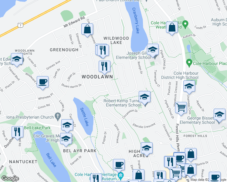 map of restaurants, bars, coffee shops, grocery stores, and more near 3 Valkyrie Crescent in Dartmouth