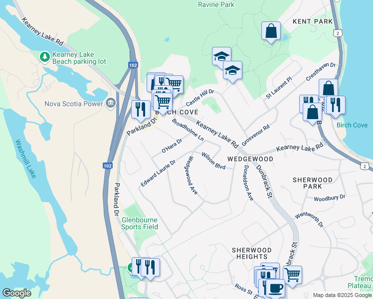 map of restaurants, bars, coffee shops, grocery stores, and more near 64 Wedgewood Avenue in Halifax