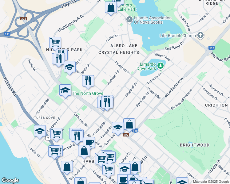 map of restaurants, bars, coffee shops, grocery stores, and more near 129 Albro Lake Road in Dartmouth