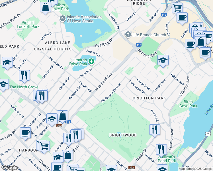 map of restaurants, bars, coffee shops, grocery stores, and more near 10 Kingston Crescent in Dartmouth