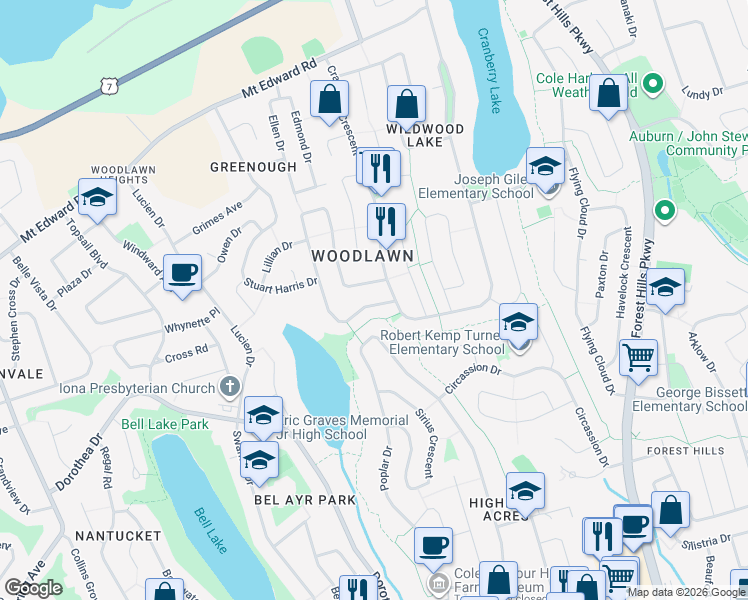 map of restaurants, bars, coffee shops, grocery stores, and more near 107 La Pierre Crescent in Dartmouth