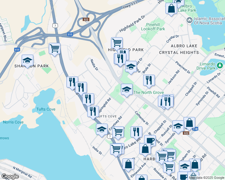 map of restaurants, bars, coffee shops, grocery stores, and more near 38 Trinity Avenue in Dartmouth