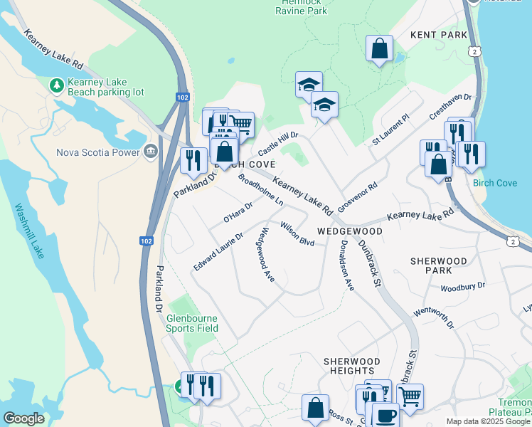 map of restaurants, bars, coffee shops, grocery stores, and more near 64 Wedgewood Avenue in Halifax