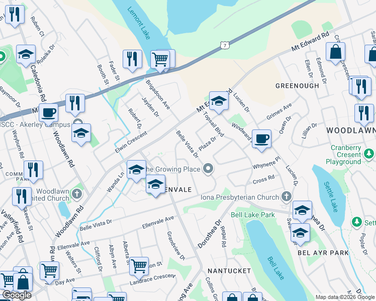 map of restaurants, bars, coffee shops, grocery stores, and more near 14 Belle Vista Drive in Dartmouth