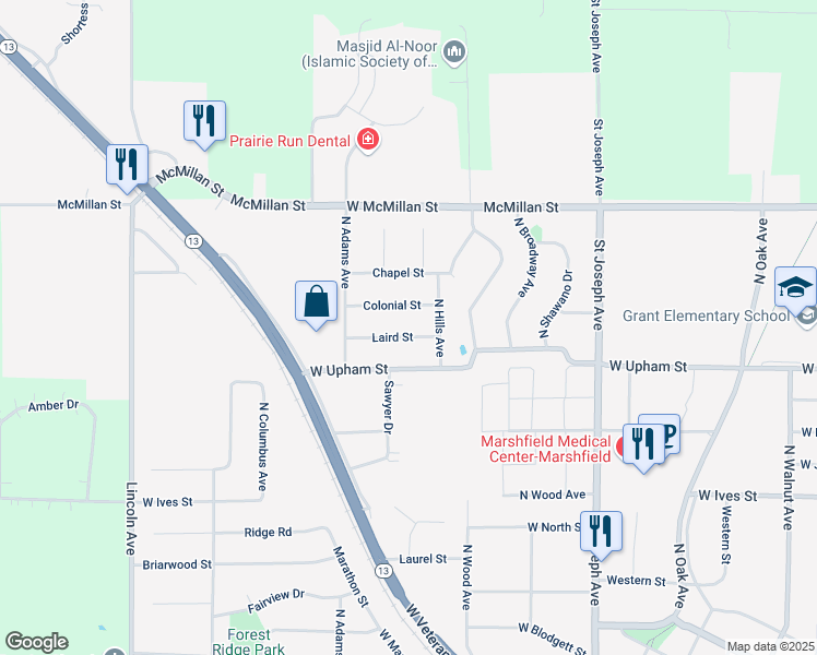 map of restaurants, bars, coffee shops, grocery stores, and more near 1015 Laird Street in Marshfield