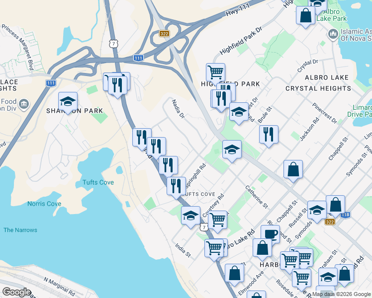 map of restaurants, bars, coffee shops, grocery stores, and more near 21 Nadia Drive in Dartmouth