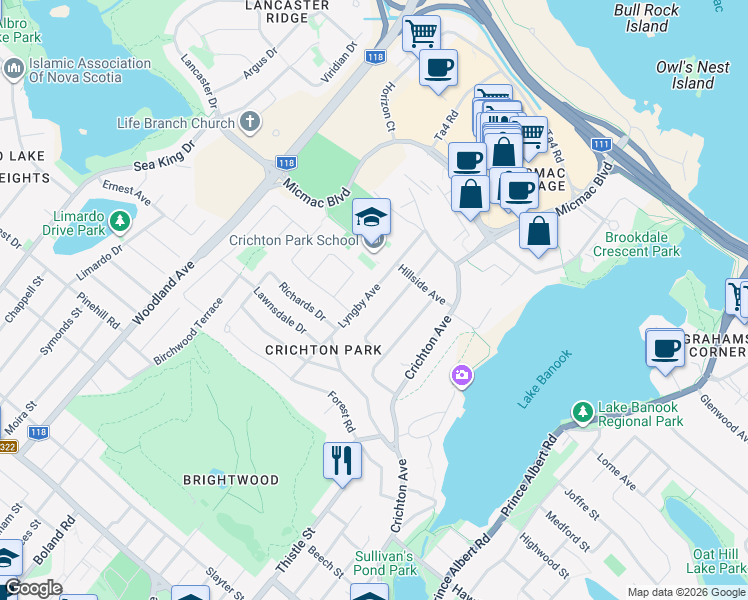 map of restaurants, bars, coffee shops, grocery stores, and more near 40 Lyngby Avenue in Dartmouth