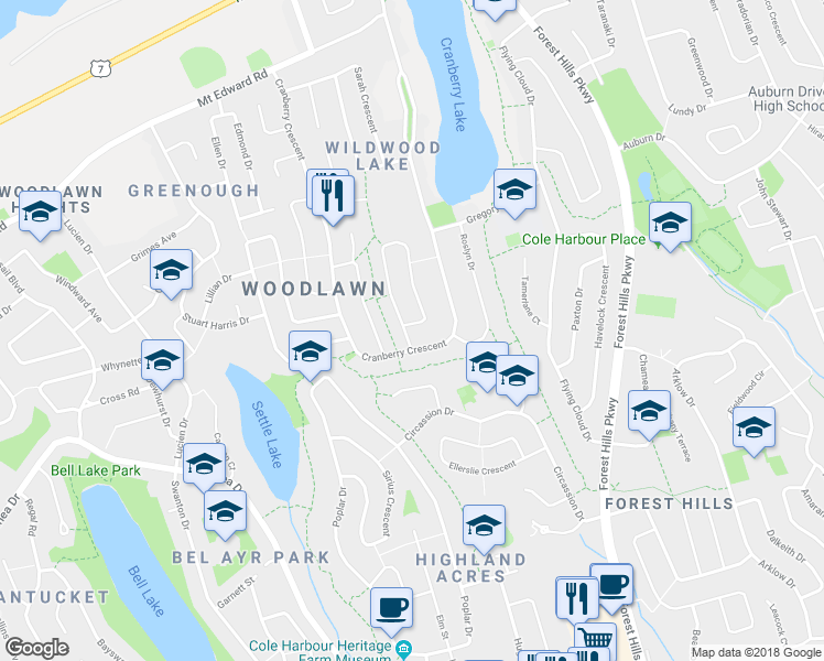 map of restaurants, bars, coffee shops, grocery stores, and more near 4 Pondicherry Crescent in Dartmouth