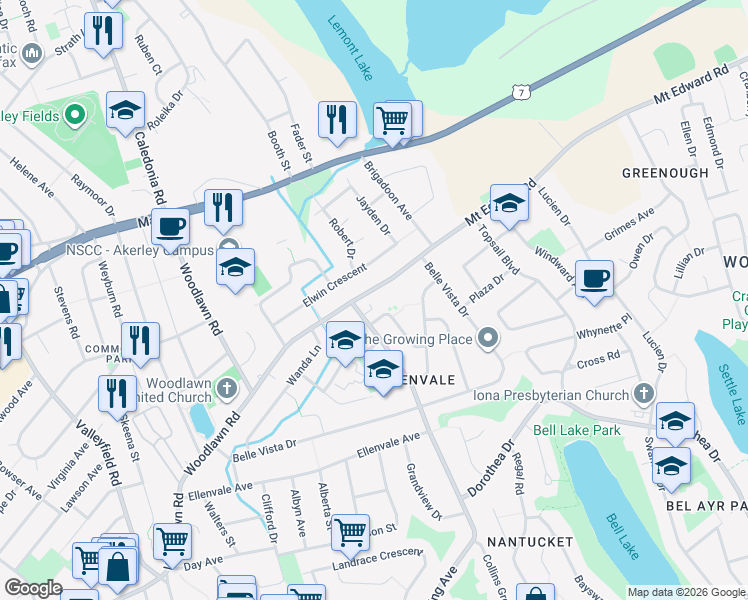 map of restaurants, bars, coffee shops, grocery stores, and more near 61 Mount Edward Road in Dartmouth