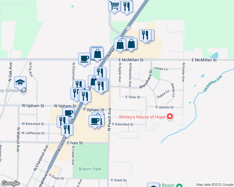 map of restaurants, bars, coffee shops, grocery stores, and more near 1524 North Apple Avenue in Marshfield