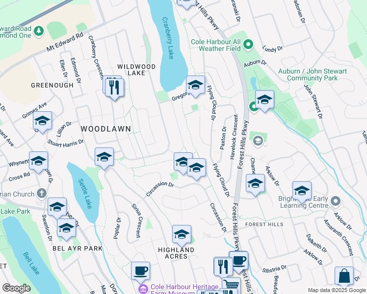 map of restaurants, bars, coffee shops, grocery stores, and more near 65 Roslyn Drive in Dartmouth