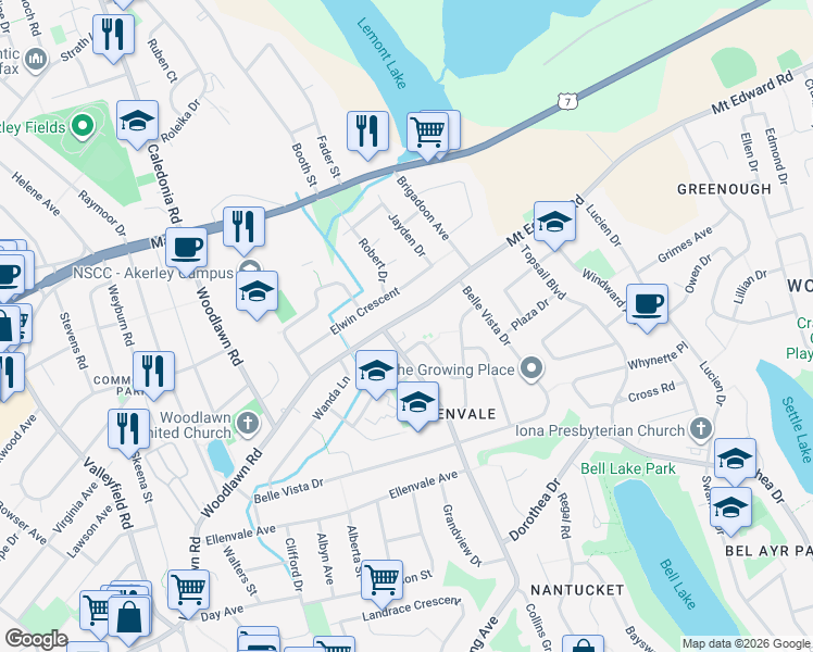 map of restaurants, bars, coffee shops, grocery stores, and more near 61 Mount Edward Road in Dartmouth