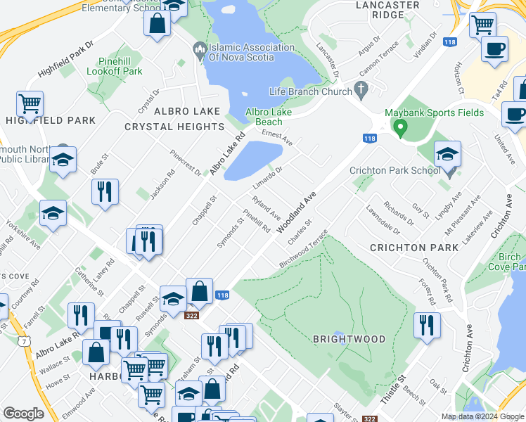 map of restaurants, bars, coffee shops, grocery stores, and more near 9 Ryland Avenue in Dartmouth