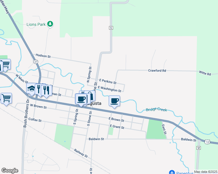map of restaurants, bars, coffee shops, grocery stores, and more near 212 East Washington Street in Augusta