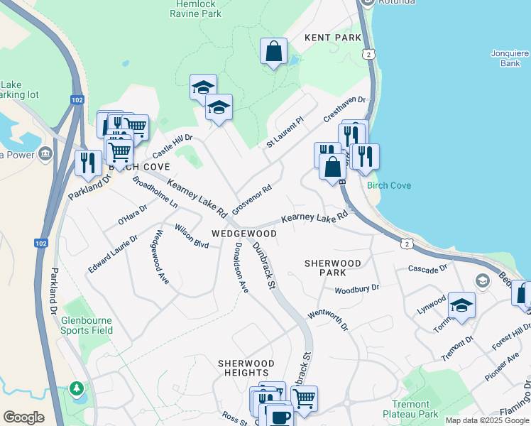 map of restaurants, bars, coffee shops, grocery stores, and more near 47 Kearney Lake Road in Halifax