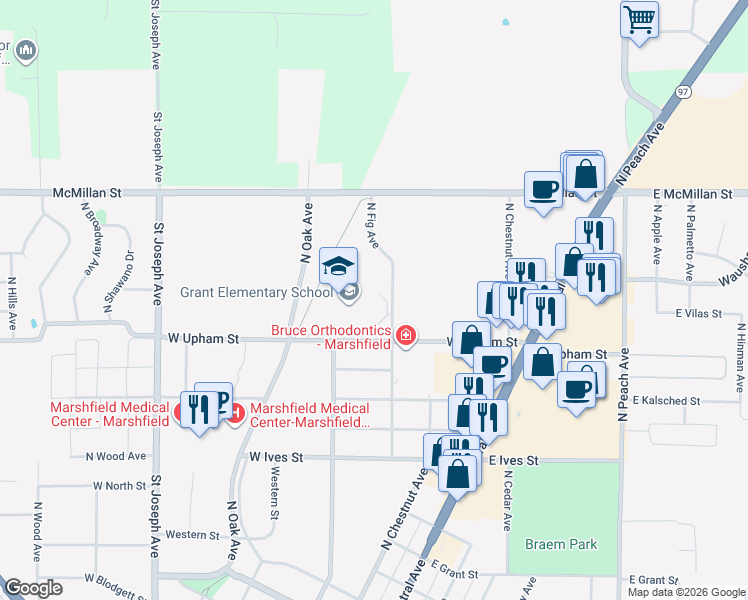 map of restaurants, bars, coffee shops, grocery stores, and more near 1600 North Fig Avenue in Marshfield