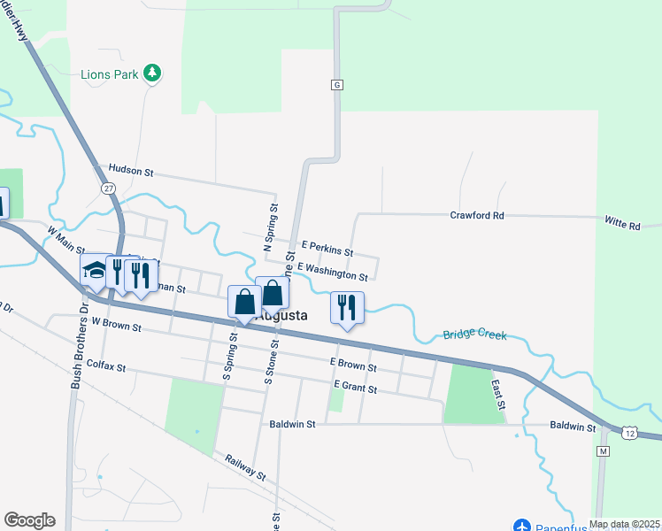 map of restaurants, bars, coffee shops, grocery stores, and more near 212 East Washington Street in Augusta