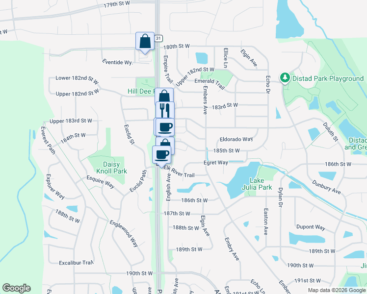 map of restaurants, bars, coffee shops, grocery stores, and more near 5365 185th Street West in Farmington