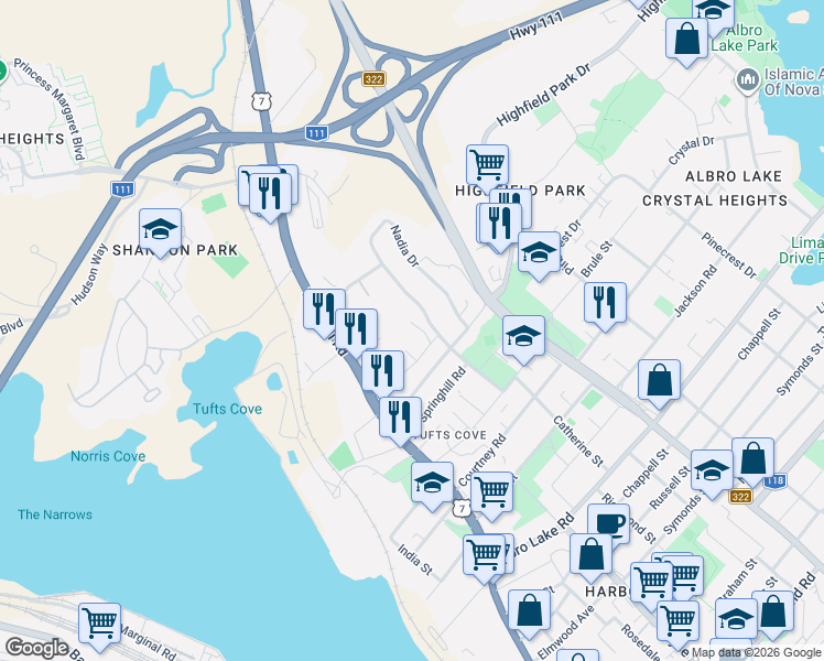 map of restaurants, bars, coffee shops, grocery stores, and more near 7 Hilchie Road in Dartmouth