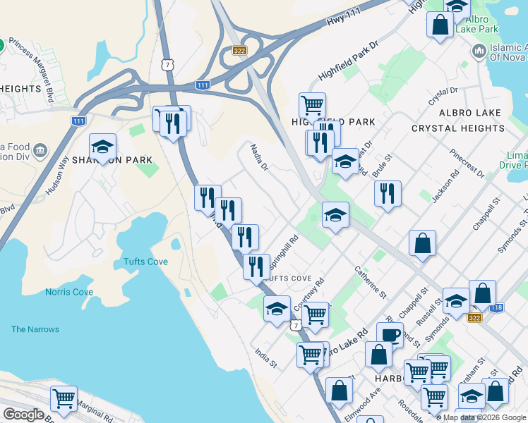 map of restaurants, bars, coffee shops, grocery stores, and more near 13 Hilchie Road in Dartmouth