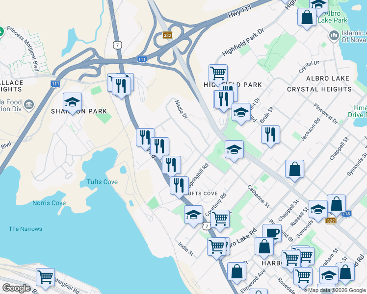 map of restaurants, bars, coffee shops, grocery stores, and more near 7 Hilchie Road in Dartmouth