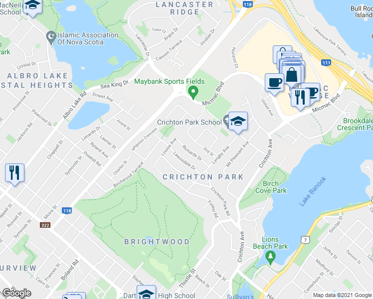 map of restaurants, bars, coffee shops, grocery stores, and more near 17 Richards Drive in Dartmouth