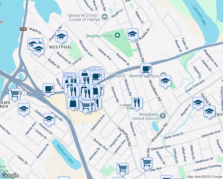 map of restaurants, bars, coffee shops, grocery stores, and more near 7 Stevens Road in Dartmouth
