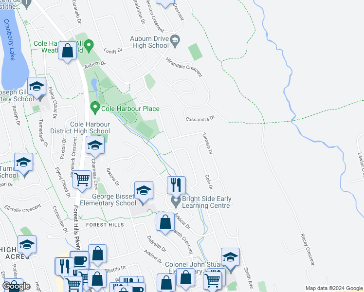 map of restaurants, bars, coffee shops, grocery stores, and more near 79 Inglewood Crescent in Cole Harbour