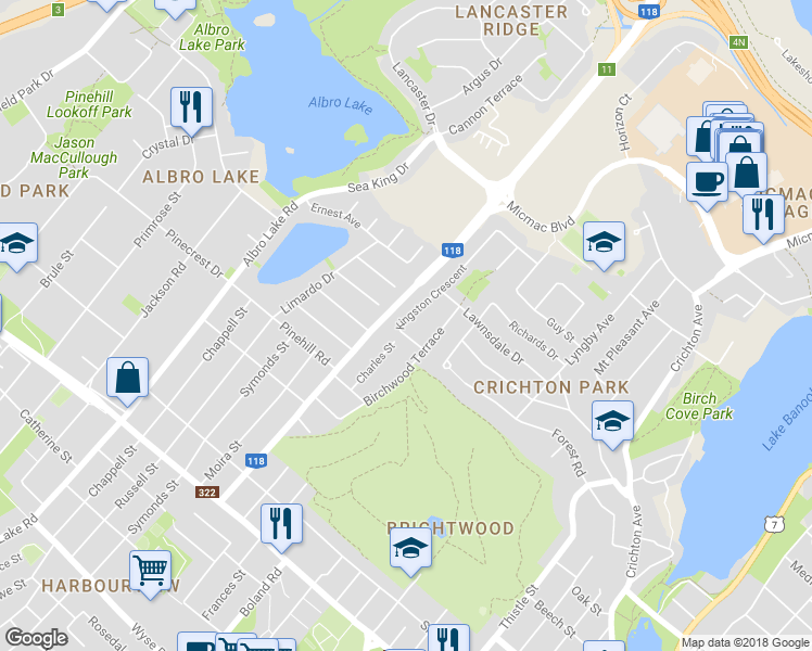 map of restaurants, bars, coffee shops, grocery stores, and more near 10 Kingston Crescent in Dartmouth