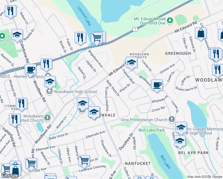 map of restaurants, bars, coffee shops, grocery stores, and more near 10 Belle Vista Drive in Dartmouth