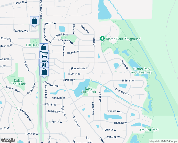 map of restaurants, bars, coffee shops, grocery stores, and more near 5065 185th Street West in Farmington