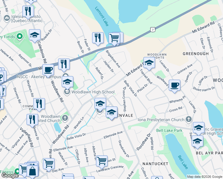 map of restaurants, bars, coffee shops, grocery stores, and more near 61 Mount Edward Road in Dartmouth