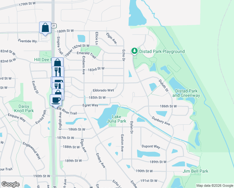 map of restaurants, bars, coffee shops, grocery stores, and more near 5065 185th Street West in Farmington