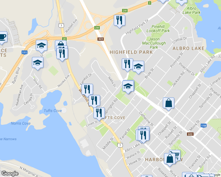 map of restaurants, bars, coffee shops, grocery stores, and more near 21 Nadia Drive in Dartmouth