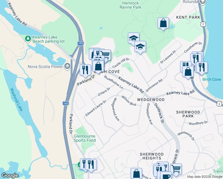 map of restaurants, bars, coffee shops, grocery stores, and more near 6 O'Hara Drive in Halifax
