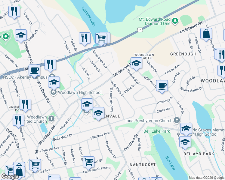 map of restaurants, bars, coffee shops, grocery stores, and more near 10 Belle Vista Drive in Dartmouth