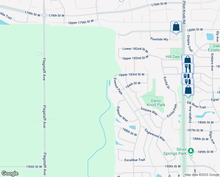map of restaurants, bars, coffee shops, grocery stores, and more near 18421 Everest Circle in Farmington
