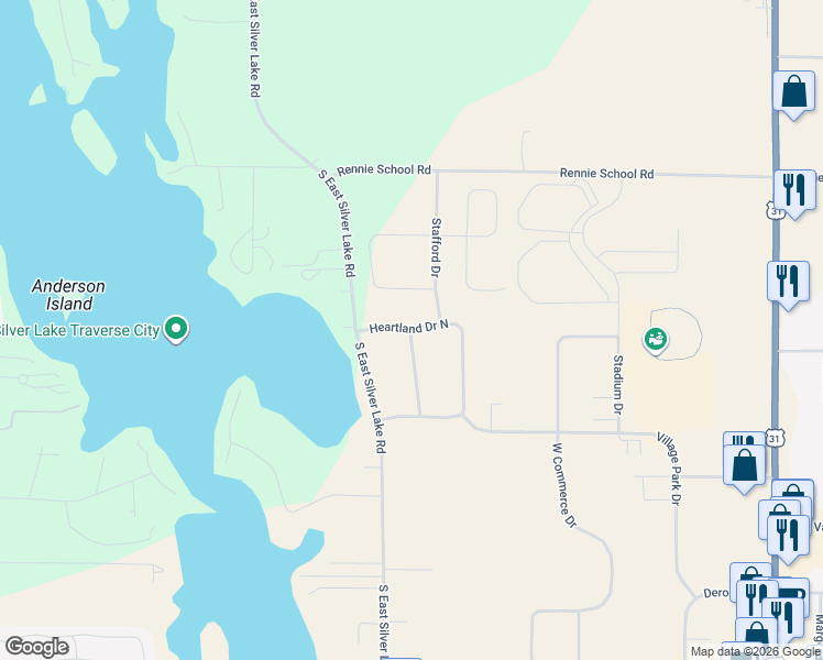 map of restaurants, bars, coffee shops, grocery stores, and more near Heartland Drive North in Traverse City