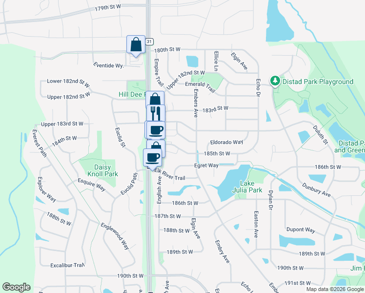 map of restaurants, bars, coffee shops, grocery stores, and more near 5365 185th Street West in Farmington