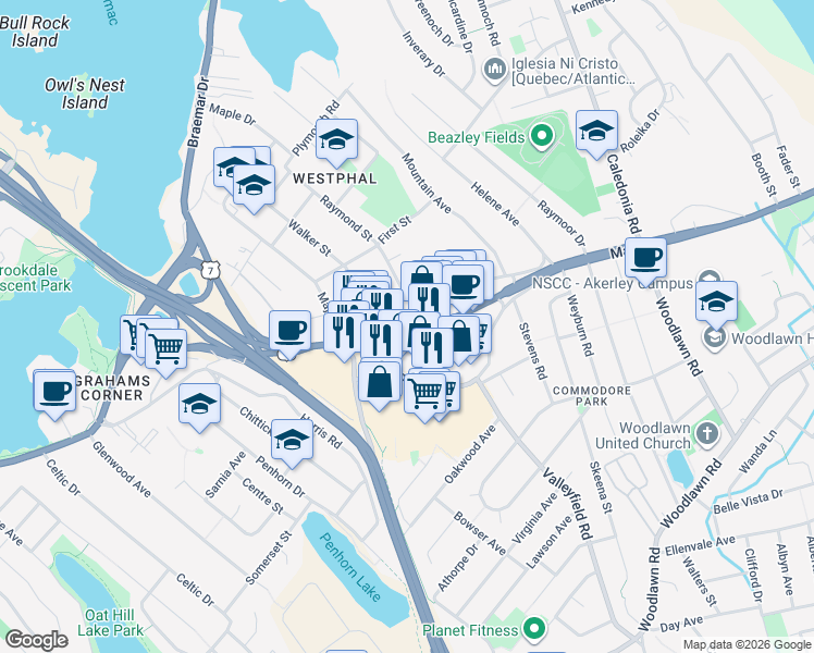 map of restaurants, bars, coffee shops, grocery stores, and more near 139 Nova Scotia Trunk 7 in Dartmouth