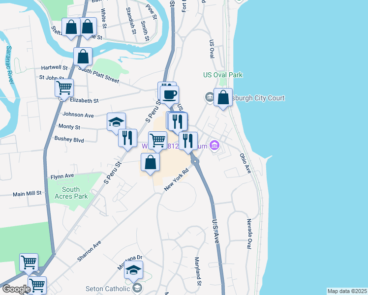 map of restaurants, bars, coffee shops, grocery stores, and more near 5063 U.S. Avenue in Plattsburgh