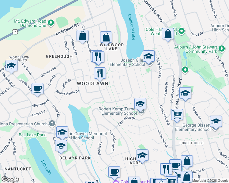 map of restaurants, bars, coffee shops, grocery stores, and more near 102 Pondicherry Crescent in Dartmouth