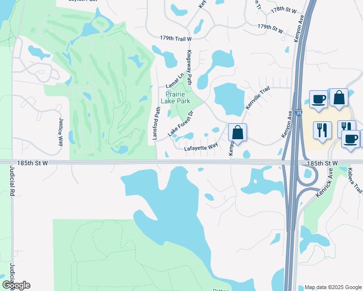 map of restaurants, bars, coffee shops, grocery stores, and more near 18439 Lafayette Way in Lakeville